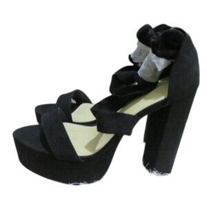WILD DIVA💕 Black Suede Platform Ankle Strap Chunky Heels Peep Toe Sandals 8 💕